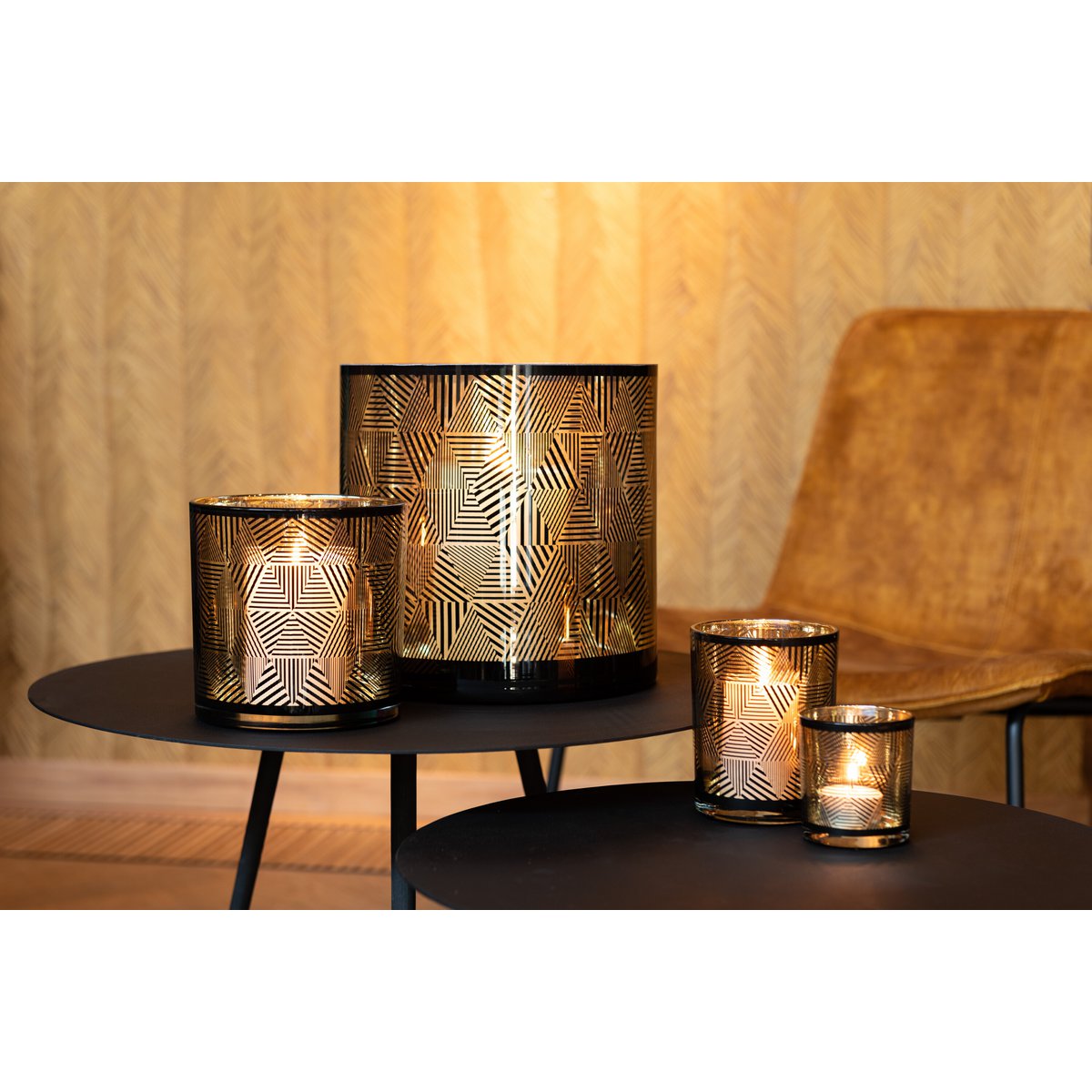 J-Line - Laterne Dreiecke Streifen - Glas - Braun - Groß