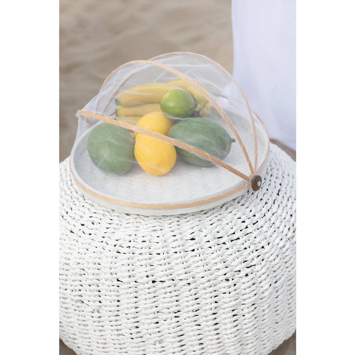 J-Line – Pouf Runder gewebter Kunststoff Weiß