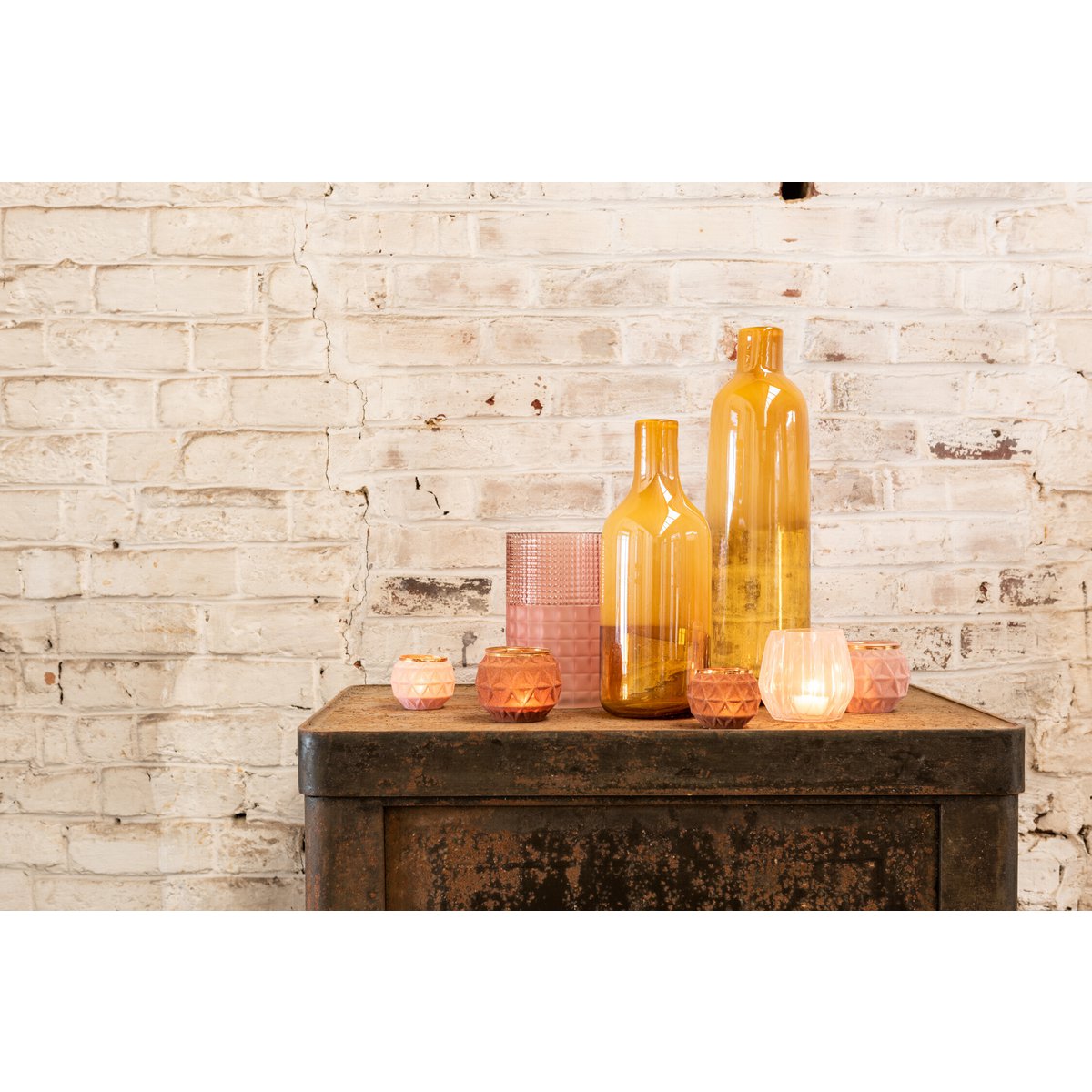 J-Line - Waxinelichthouder Bol - Glas/Fluweel - Oker - Large