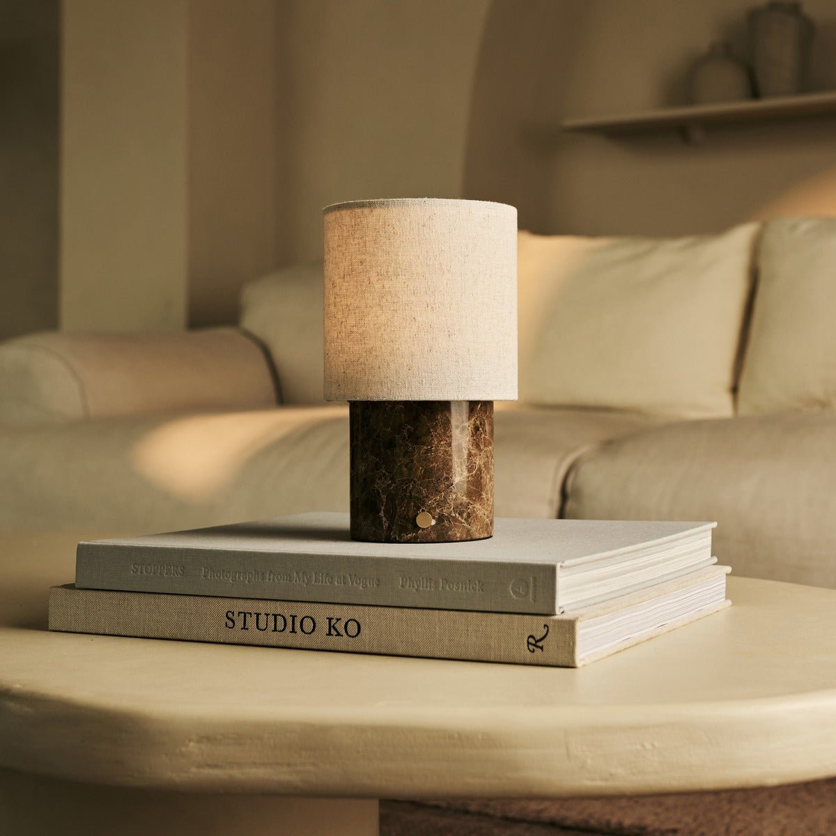 Tavellio-Amsterdam - Onoda Brown / Emperador Dark - Marmeren oplaadbare tafellamp - met linnen verwisselbare lampenkap en oplaadbaar ontwerp