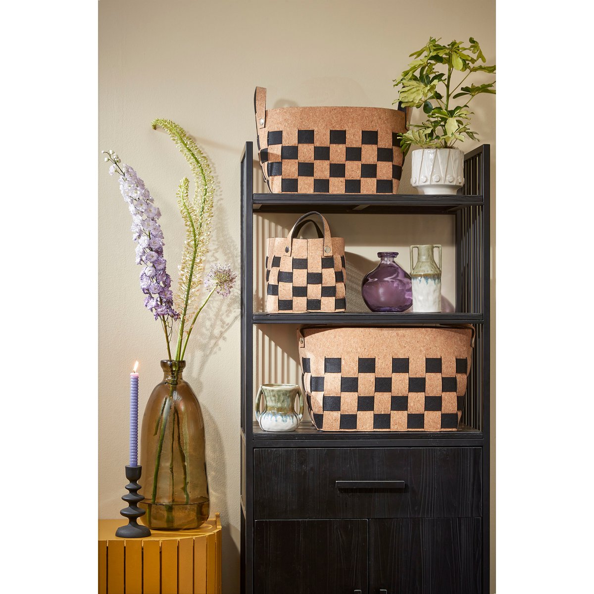 Mica Decorations – Aufbewahrungskorb – 3er-Set – L40 x B30 x H30 cm – Kork/Filz – Schwarz