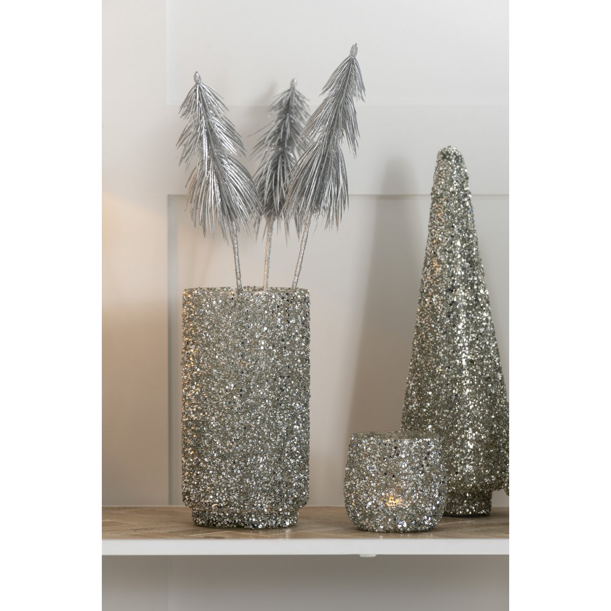 J-Line - Waxinelichthouder Glitter - Glas - Zilver - Small