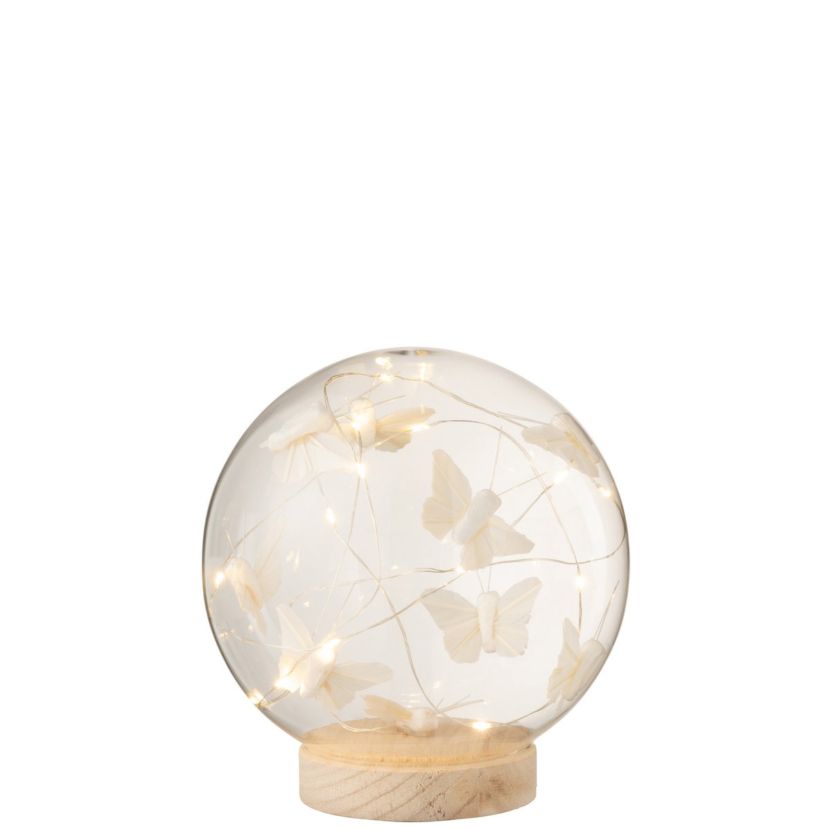 J-Line - Cloche avec papillons - Verre/Bois - Naturel - L - Lumières LED