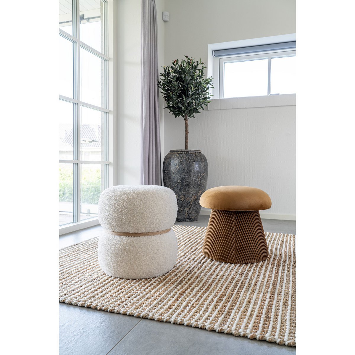 House Nordic - Milford Pouf - Pouf in Curly, Weiß, Ø38x41 cm