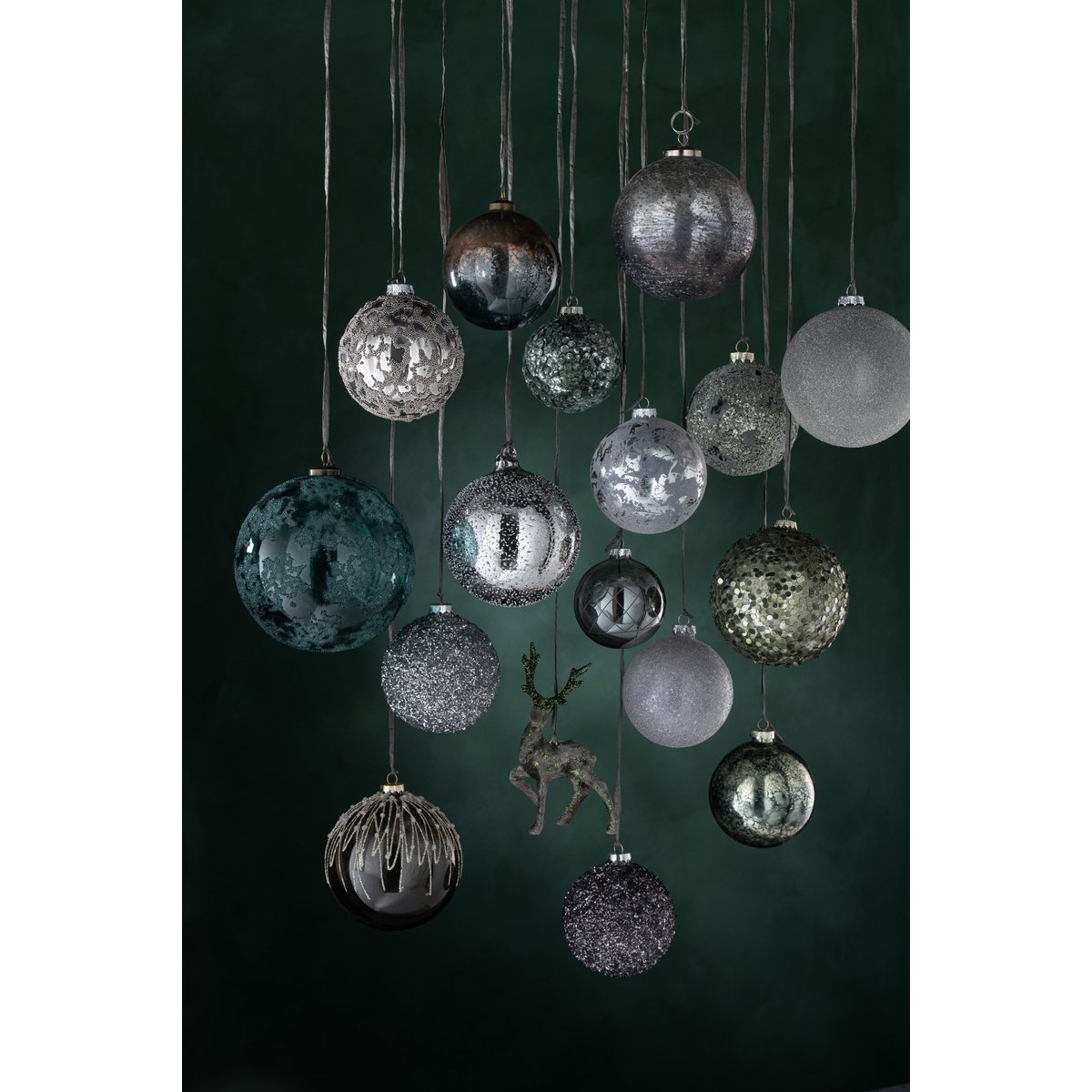 J-Line Doos Van 4 Kerstballen Glitter Glas Antraciet Grijs Medium