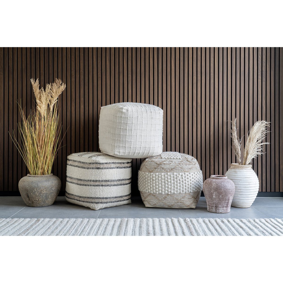 House Nordic - Bally Pouf - Pouf, handgewebt, Elfenbein/Anthrazit, 40x40x40 cm