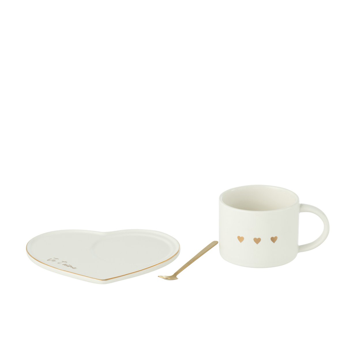 J-Line - Mug + Assiette + Cuillère 3 Coeurs Céramique Blanc/Or