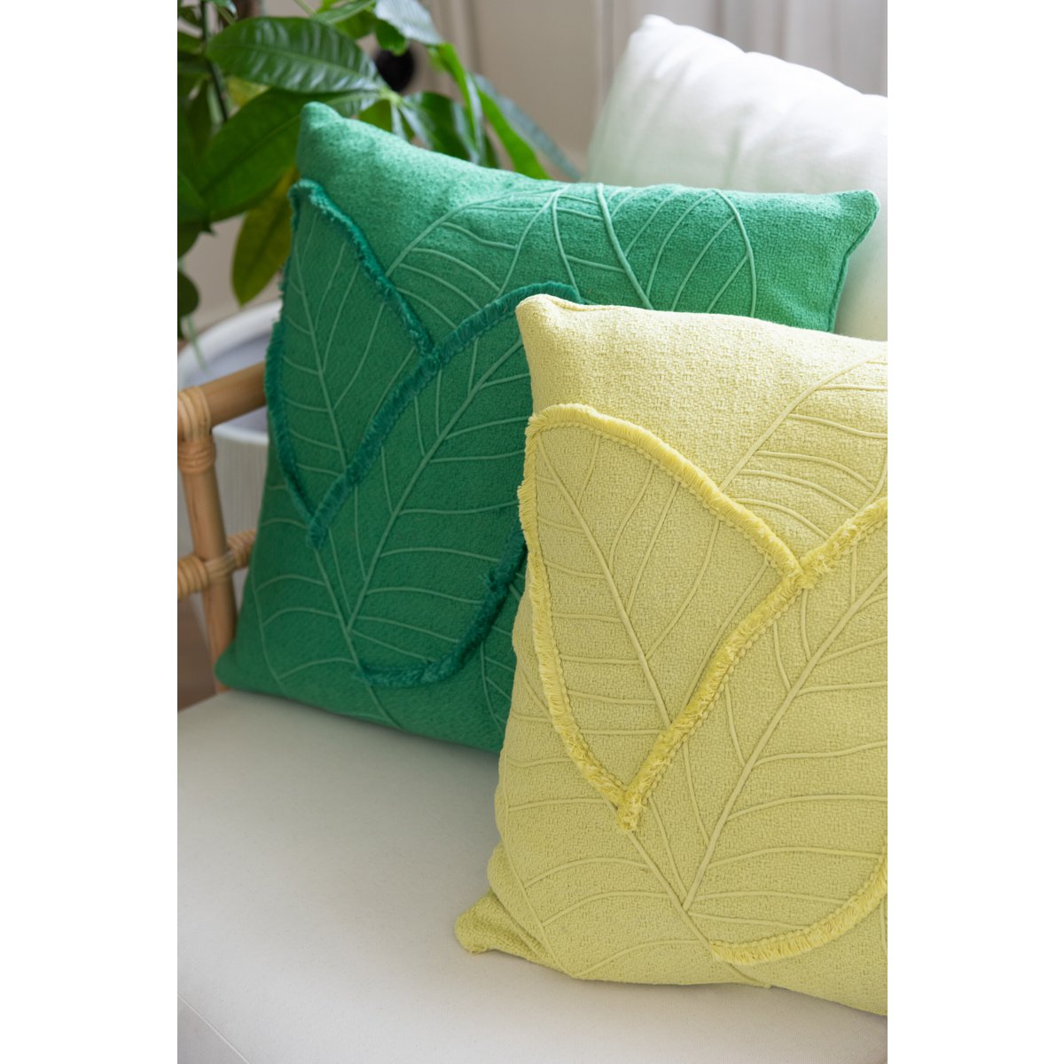 J-Line - Coussin décoratif Feuilles - Coton - Citron vert/Vert