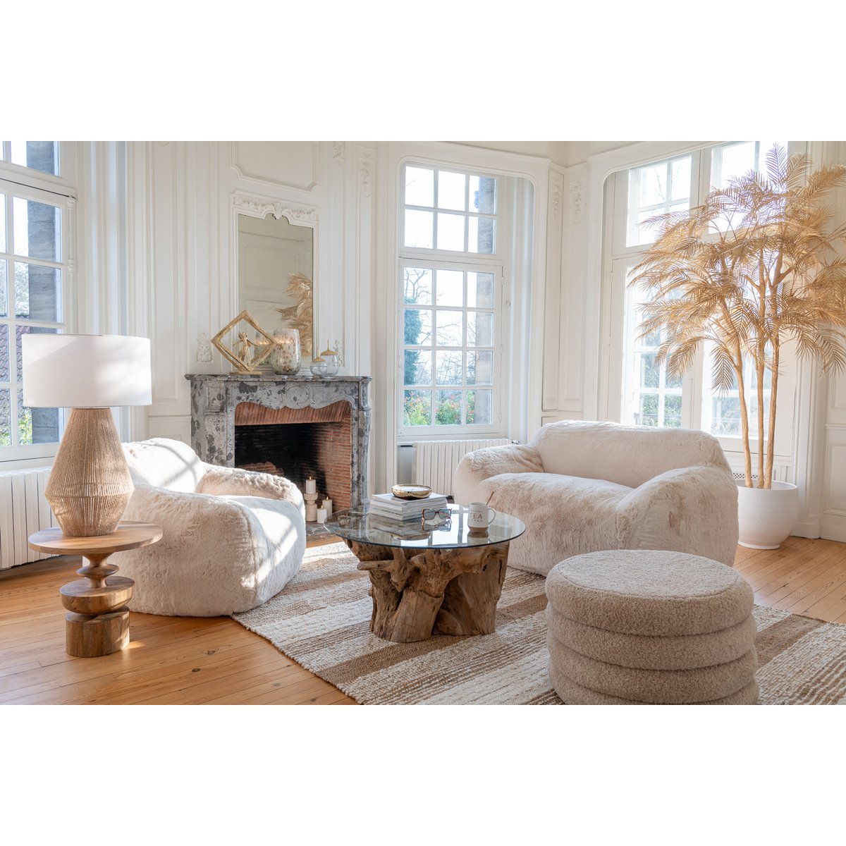 J-Line - Pouf Rond Teddy Polyester Beige