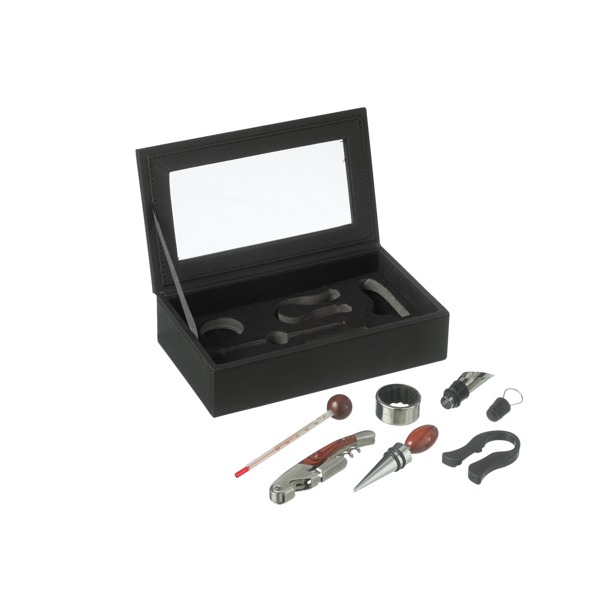 J-Line - Coffret de 6 Accessoires pour le Vin - Cuir Artificiel - Noir