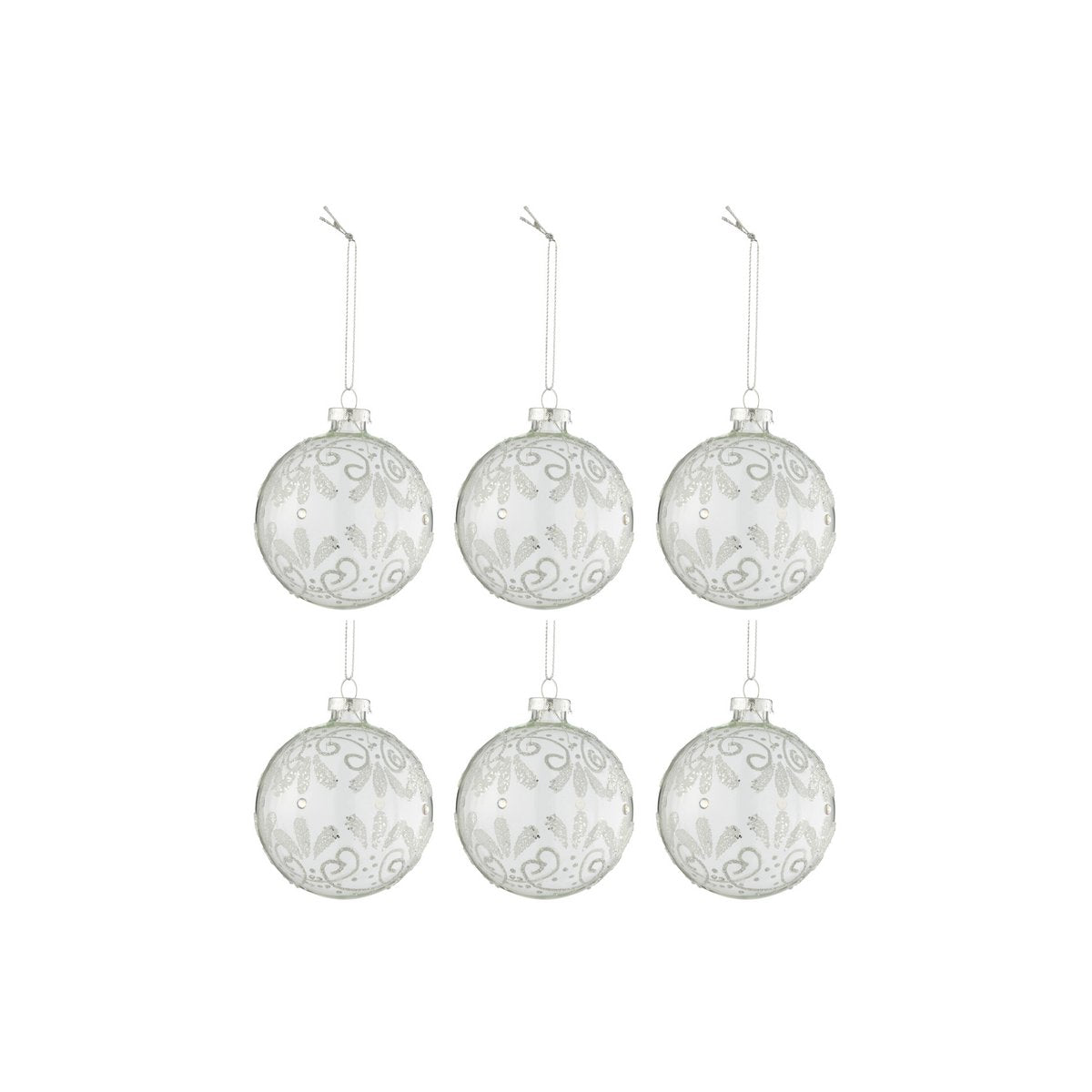 J-Line Doos Van 6 Kerstballen Krullen Glitter Zilver Glas Transparant Small