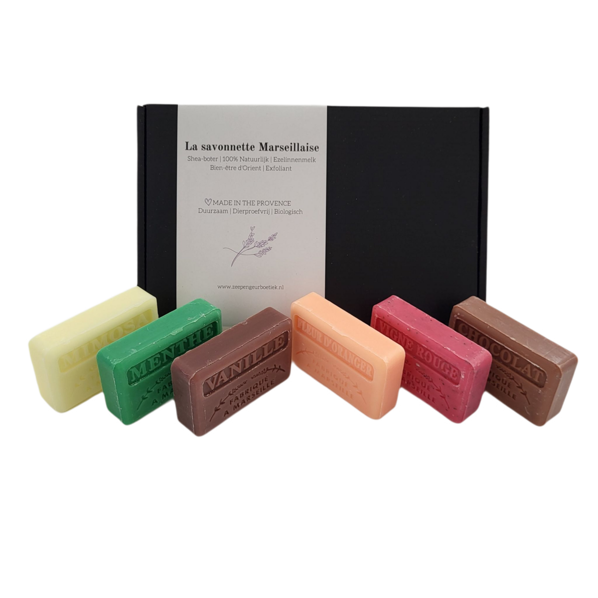 Zeepengeurboetiek - Cadeauset met zeepblokken 'Chocolade, Vanille, Menthe, Vigne Rouge, Sinaasappelbloesem, Mimosa'