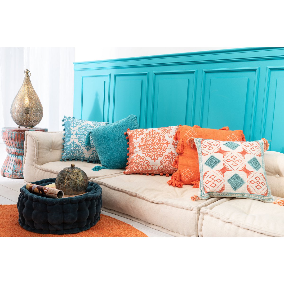 J-Line - Coussin Carré Fayola - Coton - Turquoise