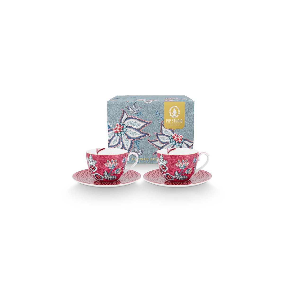 Pip Studio - Set/2 Cups & Saucers Flower Festival Dark Pink 280ml