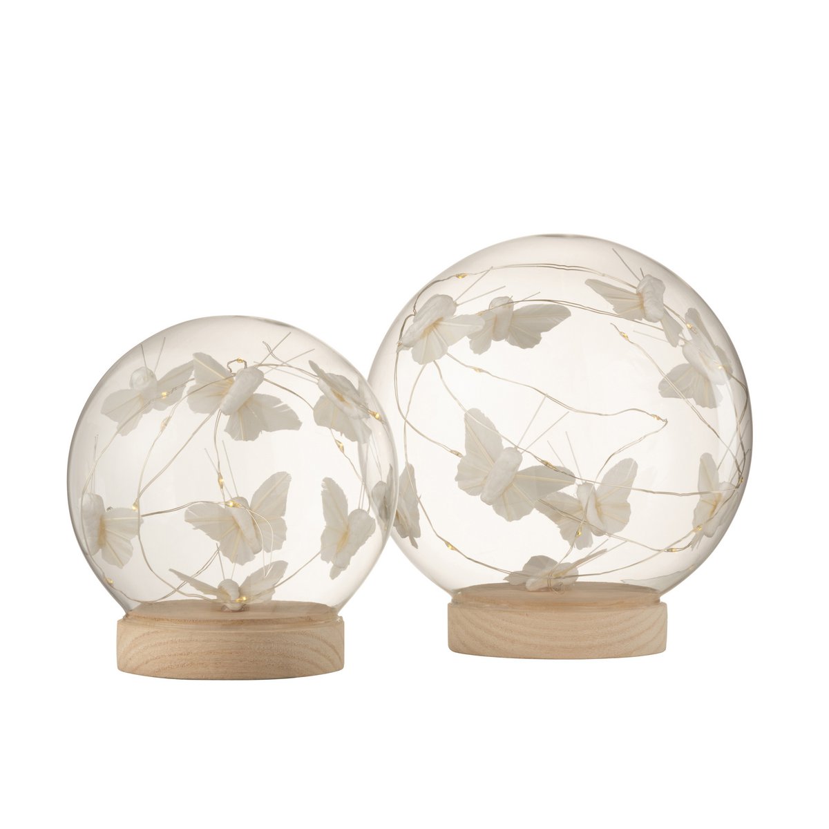 J-Line - Cloche avec papillons - Verre/Bois - Naturel - L - Lumières LED