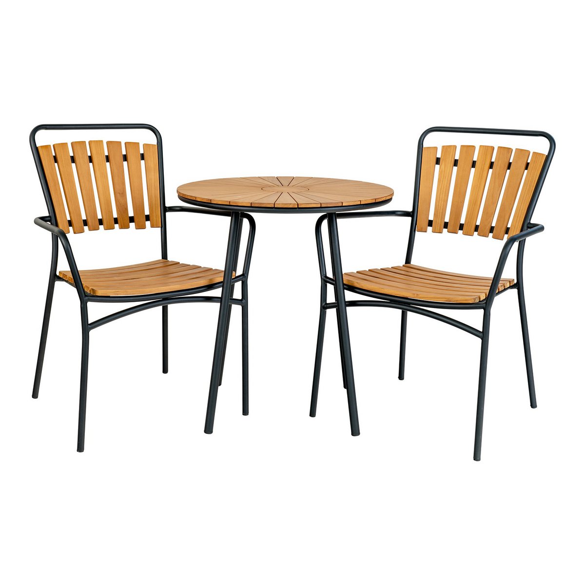 House Nordic - Cleveland Café Table - Cafétisch, Tischplatte aus Teakholz, natur, schwarze Beine, ø70x74 cm