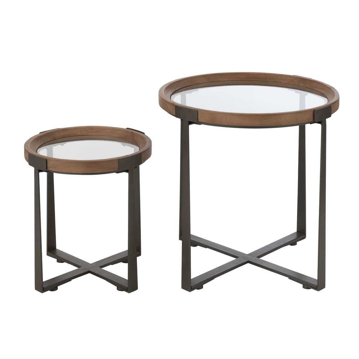 J-Line - Lot de 2 Tables Basses Mine Verre/Bois de Sapin Naturel/Noir