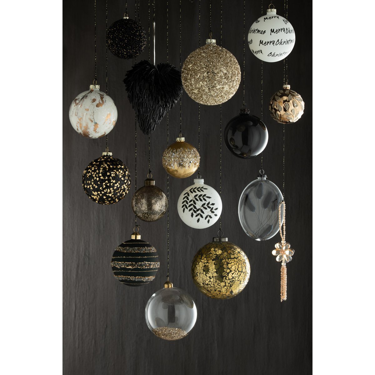 J-Line Doos Van 4 Kerstballen Pailletten Glas Mat Zwart/Goud Medium