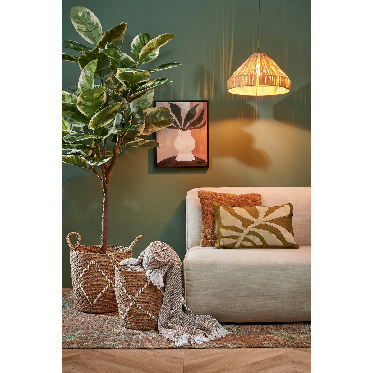 Mica Decorations - Lampe à suspension Elisa - H24 x Ø40 cm - Raphia - Marron clair