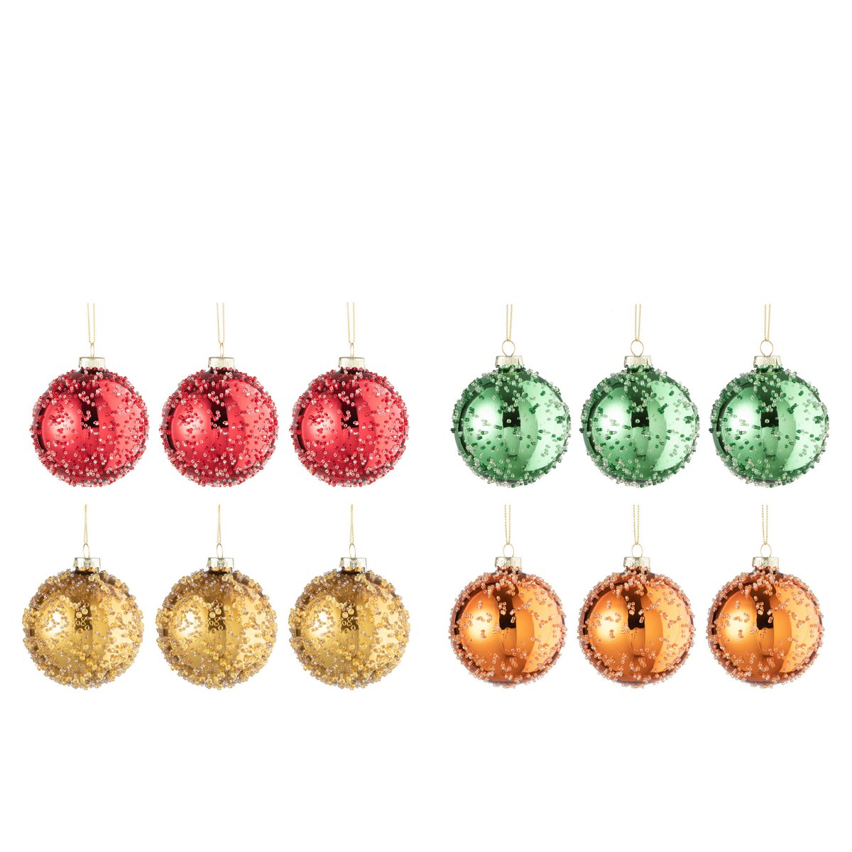 J-Line Doos Van 12 Kerstballen 3+3+3+3 Pareltjes Glas Goud/Rood/Oranje/Groen Small