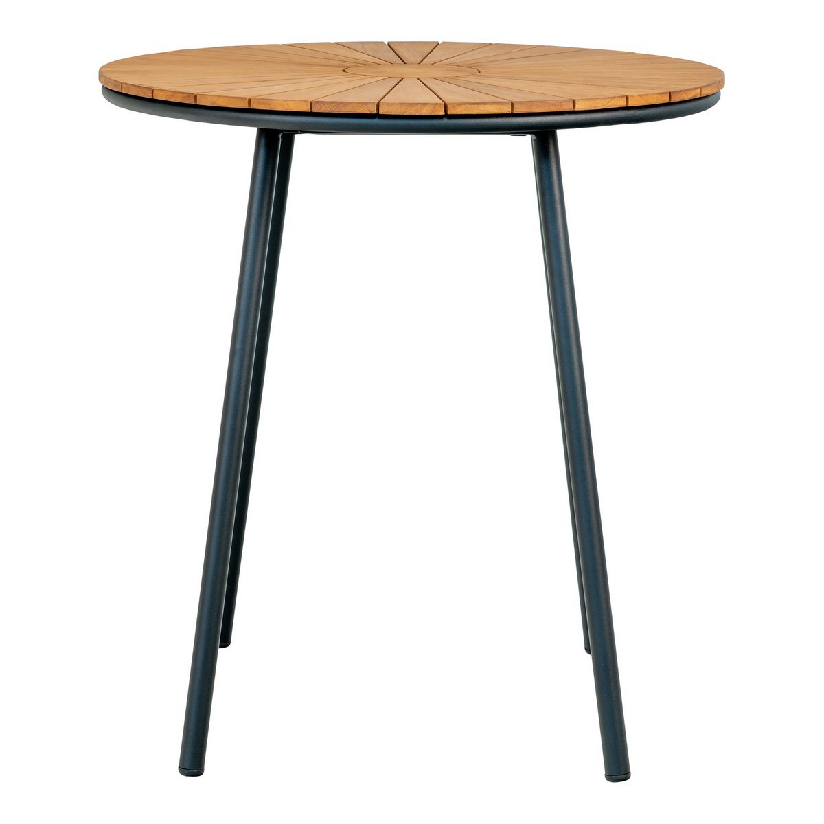 House Nordic - Cleveland Café Table - Cafétisch, Tischplatte aus Teakholz, natur, schwarze Beine, ø70x74 cm