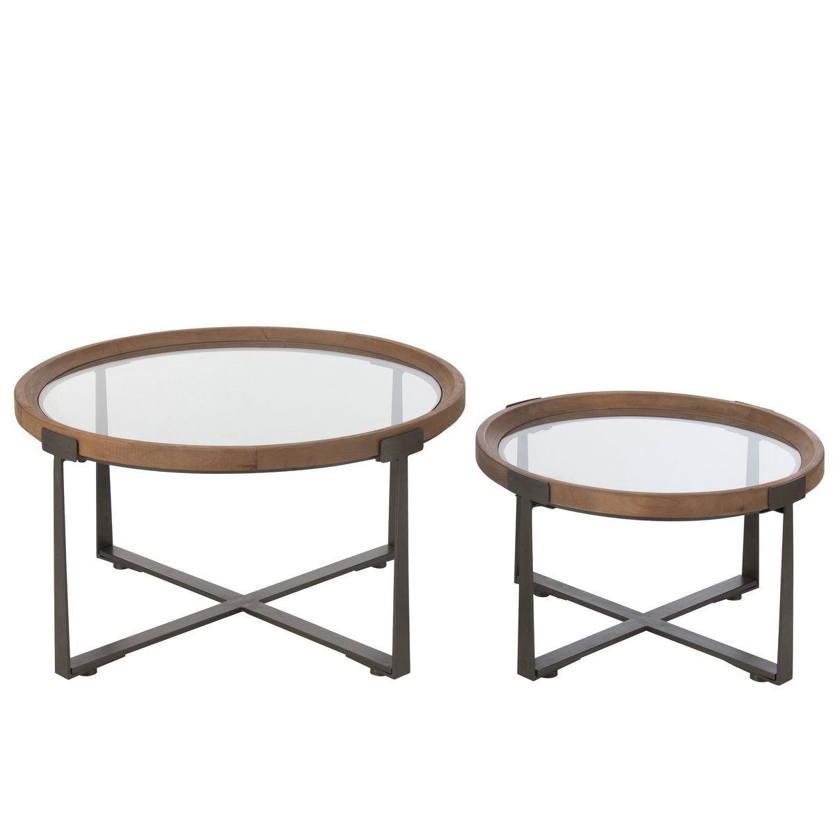 J-Line - Lot de 2 Tables Basses Luki Verre/Bois de Sapin Naturel/Noir