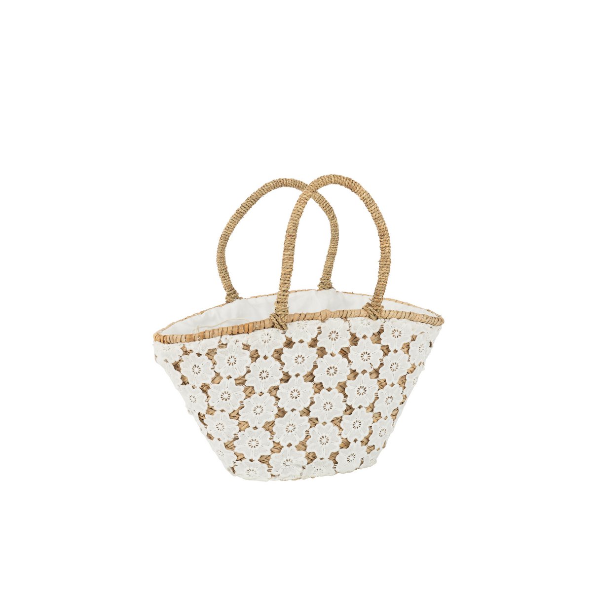 J-Line - Sac de Plage Dentelle Motif Fleur Jute Naturel/Blanc