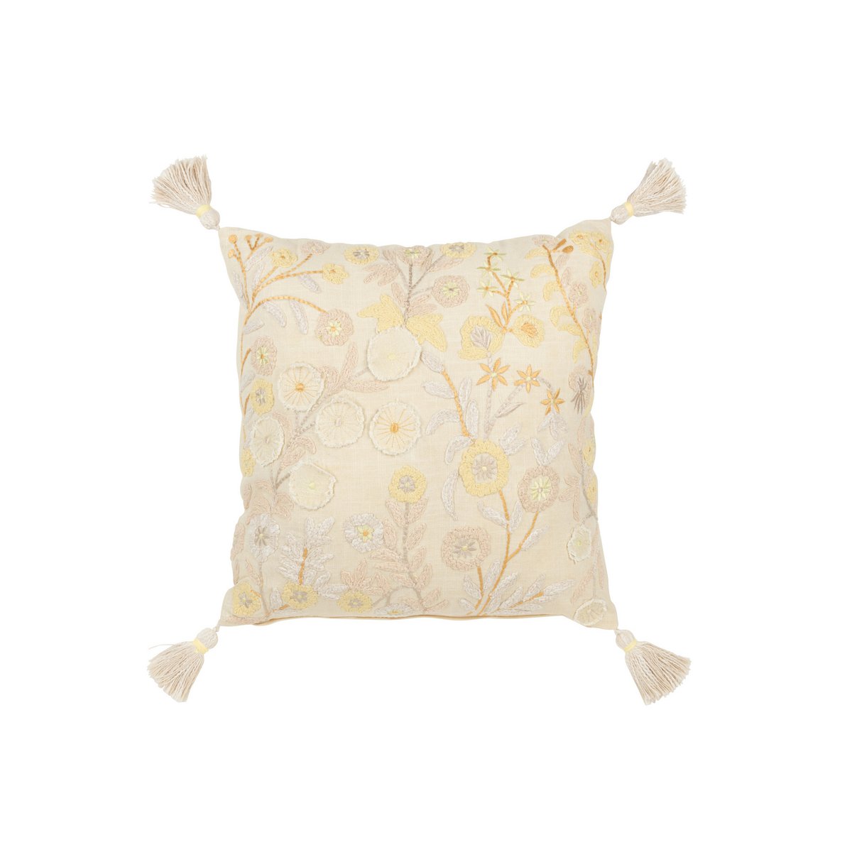 J-Line - Coussin Carré Fleurs + Pompons - Coton - Jaune Clair