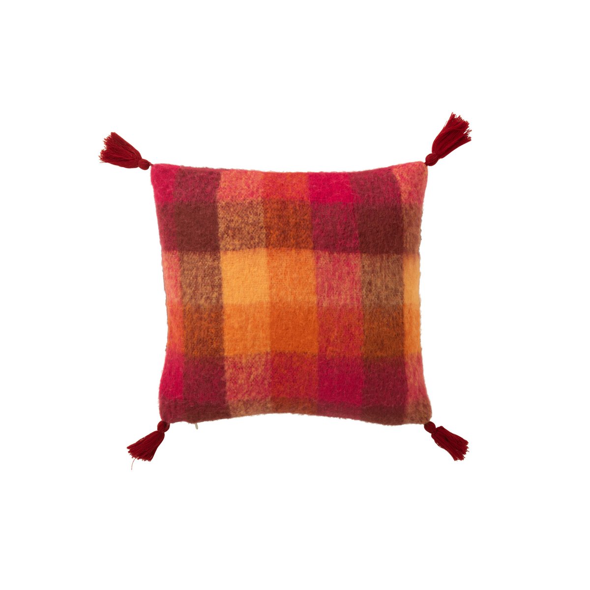 J-Line - Coussin Carreaux+Glands Acrylique Orange/Bordeaux