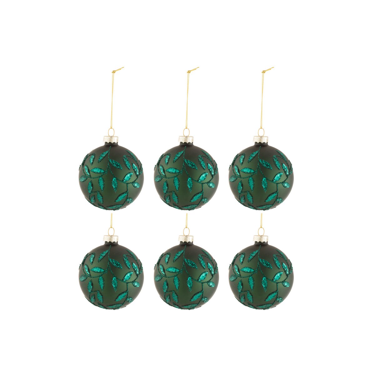 J-Line Doos Van 6 Kerstballen Blaadjes Glitter Glas Mat Groen Small