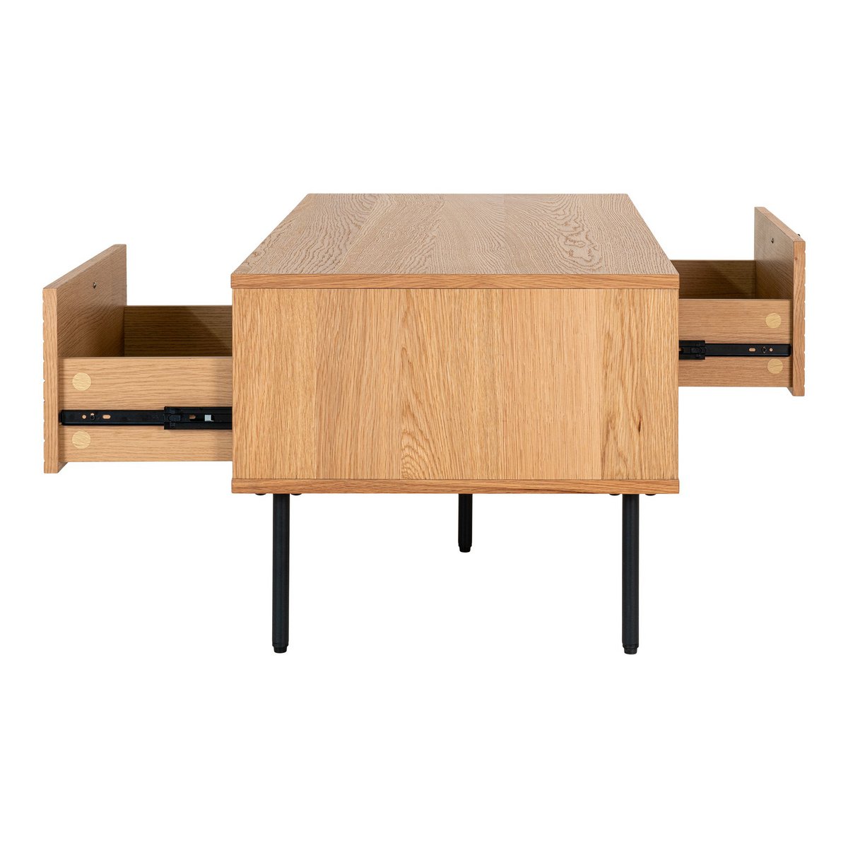 House Nordic - Kyoto Coffee Table - Table basse, placage chêne, pieds métal noir, 2 tiroirs, 50x100x45 cm