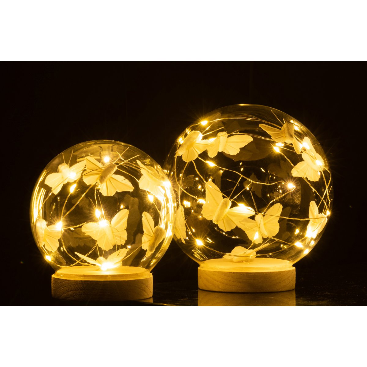 J-Line - Stolp Met Vlinders - Glas/ Hout - Naturel - L - LED Lichtjes