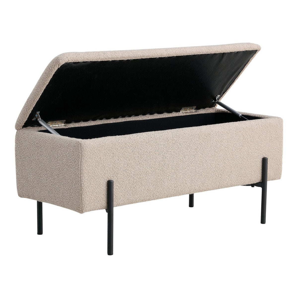 House Nordic - Watford Bench - Bank in bouclé met opbergruimte, beige met zwarte poten, 95x36,5x46 cm, HN1233