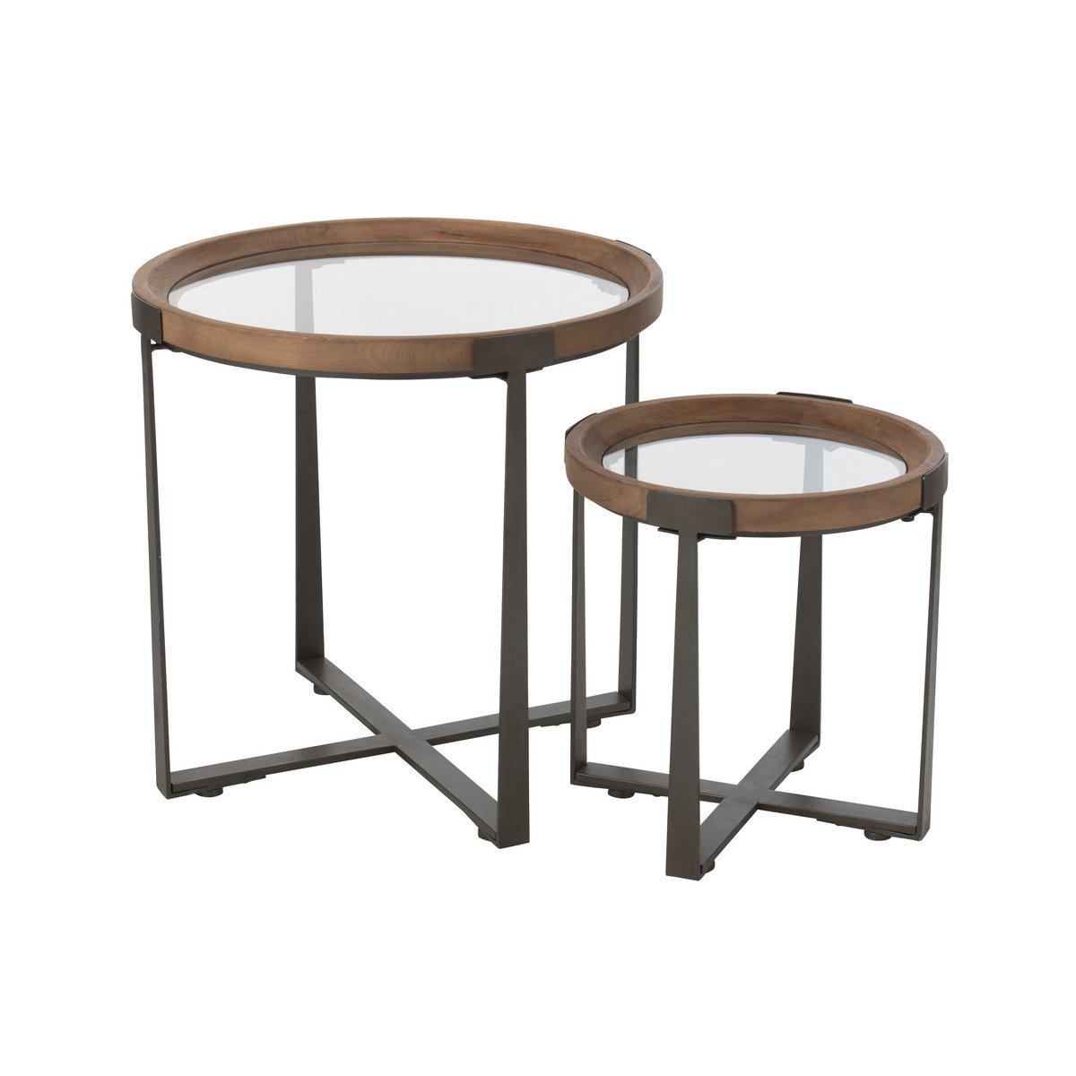 J-Line - Lot de 2 Tables Basses Mine Verre/Bois de Sapin Naturel/Noir