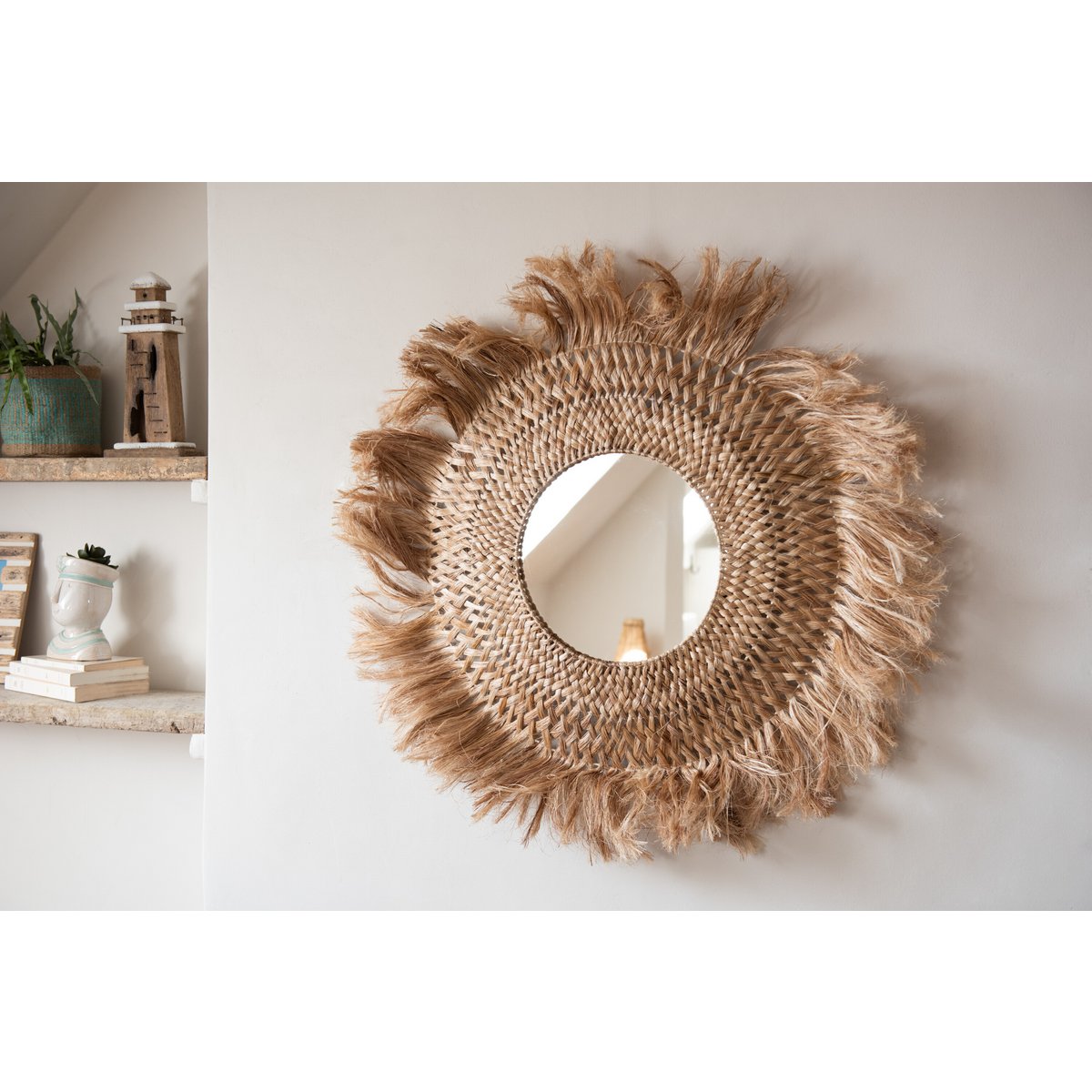 J-Line - Miroir Rond - Feuilles de Bananier - Naturel - Petit