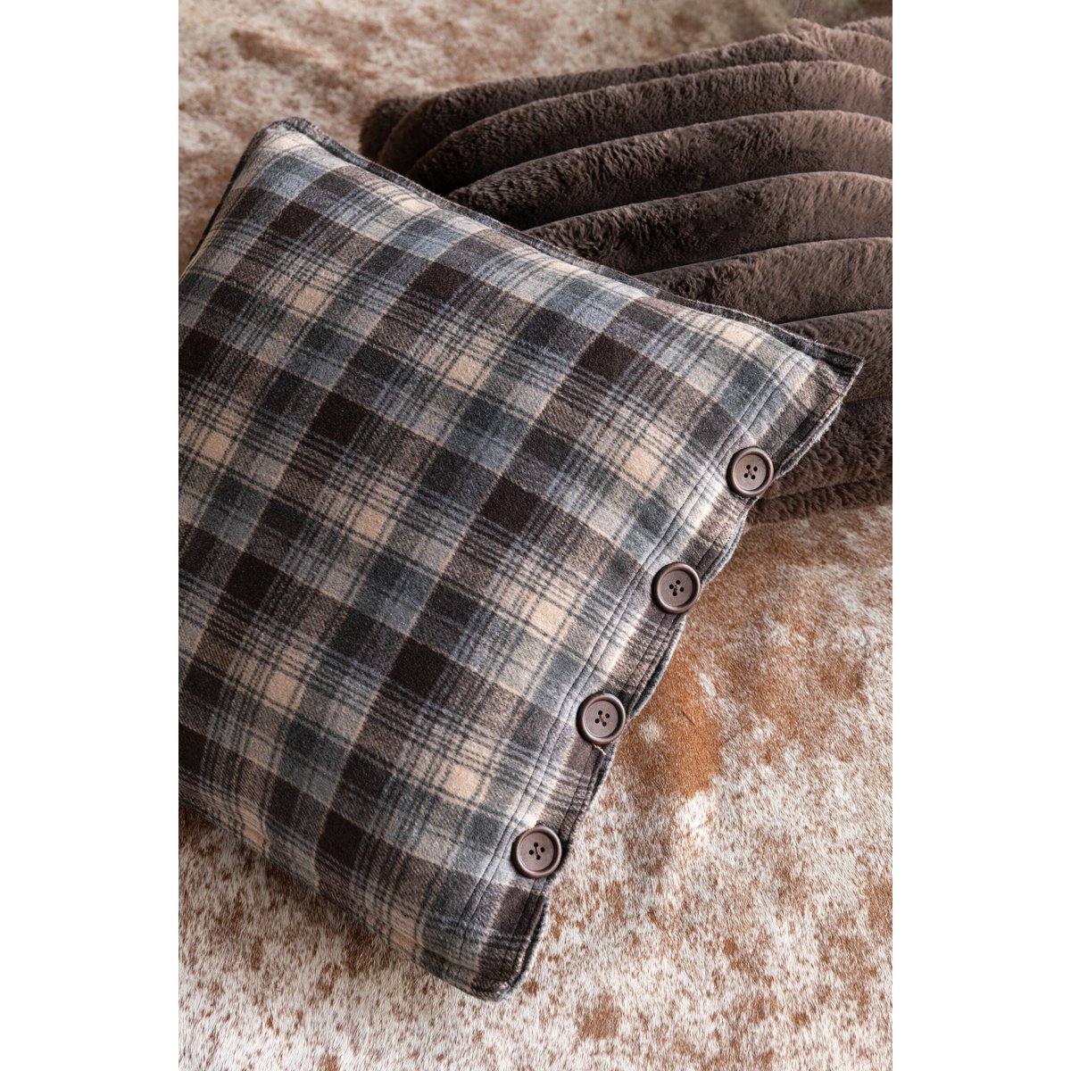 J-Line - Coussin décoratif 'Checkered' (Marron/Gris/Beige, 45cm x 45cm)