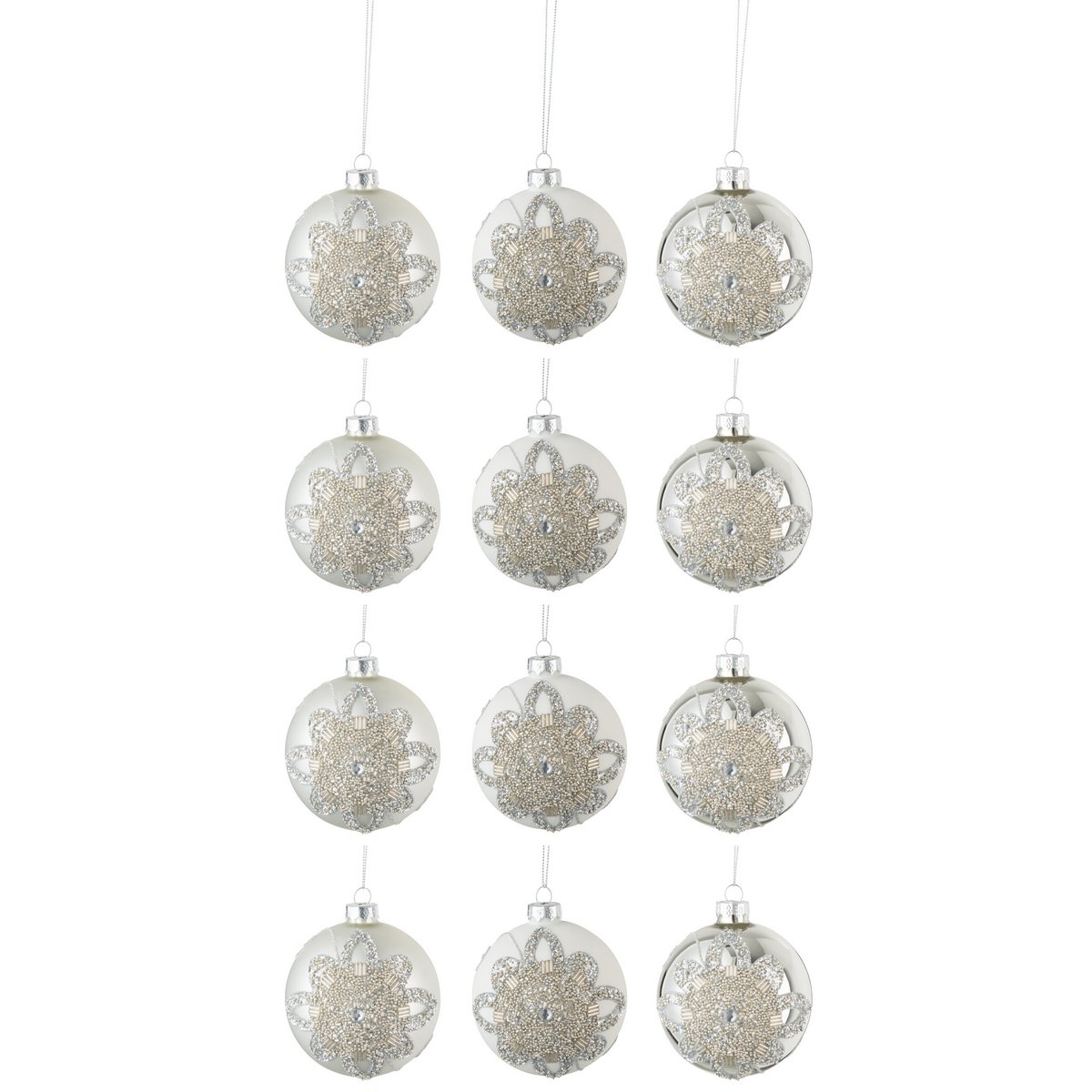 J-Line Doos Van 12 Kerstballen 4+4+4 Ornament Parels Glas Mat Wit/Mat Zilver/Blinkend Zilver Small