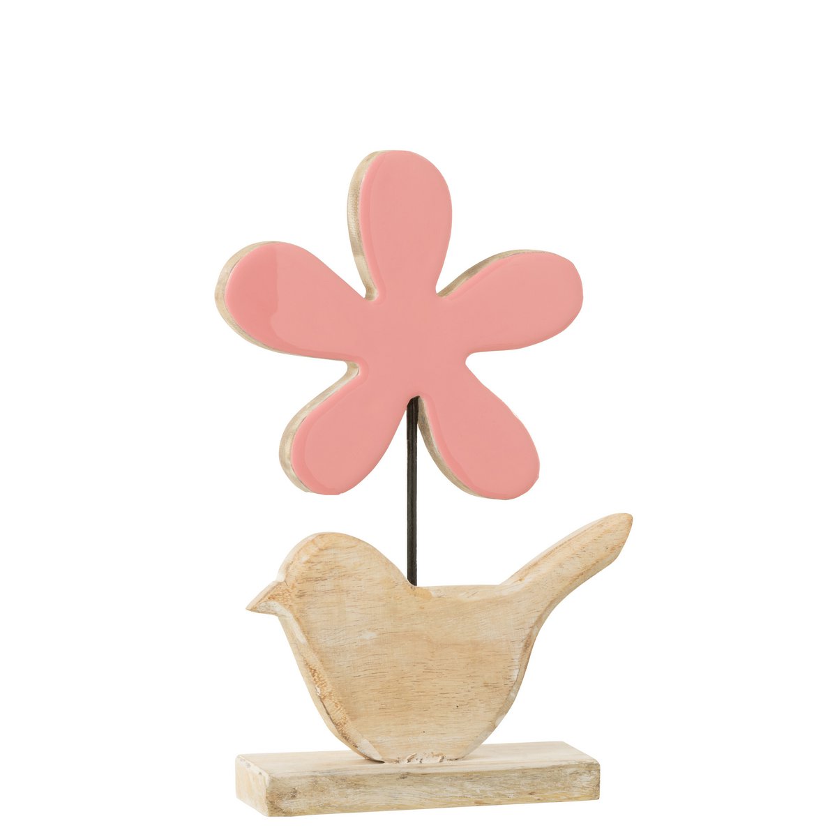 J-Line - Dekorationsvogel mit Blume - Holz - Rosa - Groß