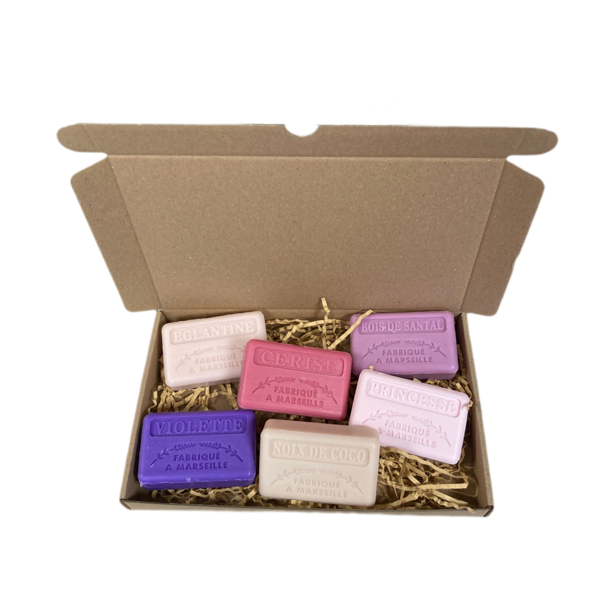 Zeepengeurboetiek - Cadeauset met zeepblokken 'Eglantine, Princes, Noix de Coco, Cerise, Violette, Bois de Santal'