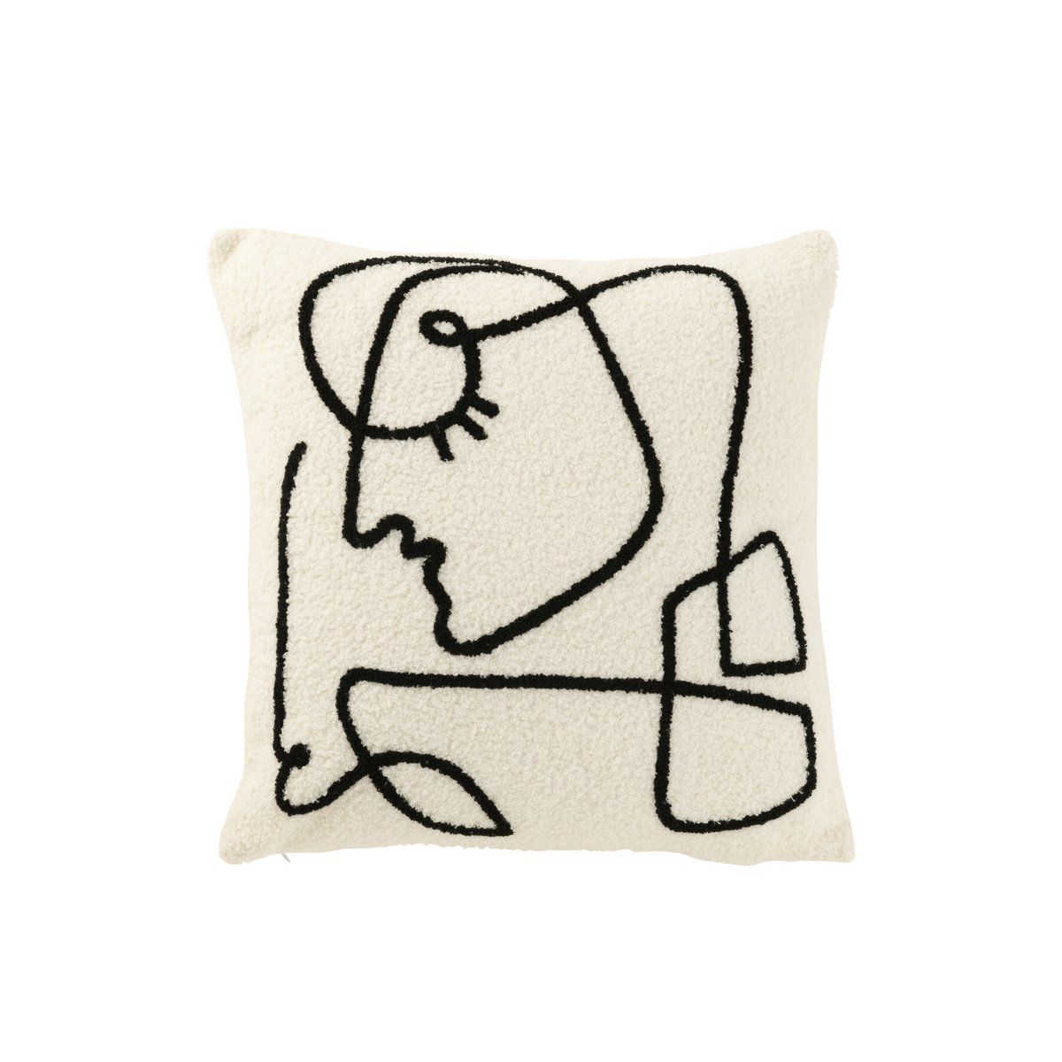 J-Line - Coussin Visage Abstrait Bouclé Blanc/Noir