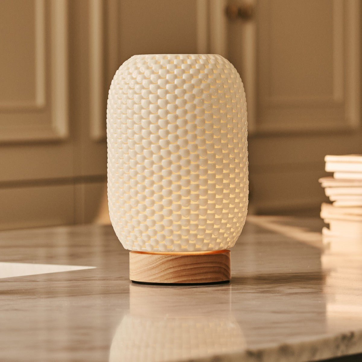 Tavellio-Amsterdam - Aurora lichtbruine draadloze tafellamp in 3D-geprinte porselein-oplaadbaar, dimbaar en tot 100 uur licht