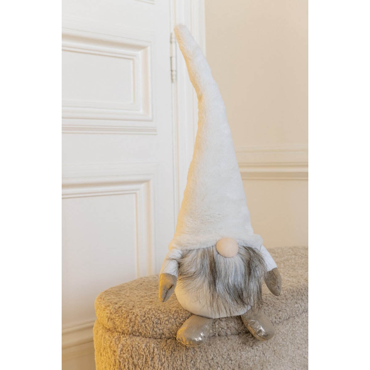 J-Line - Figurine Gnome + LED - Textile - Blanc - Petit