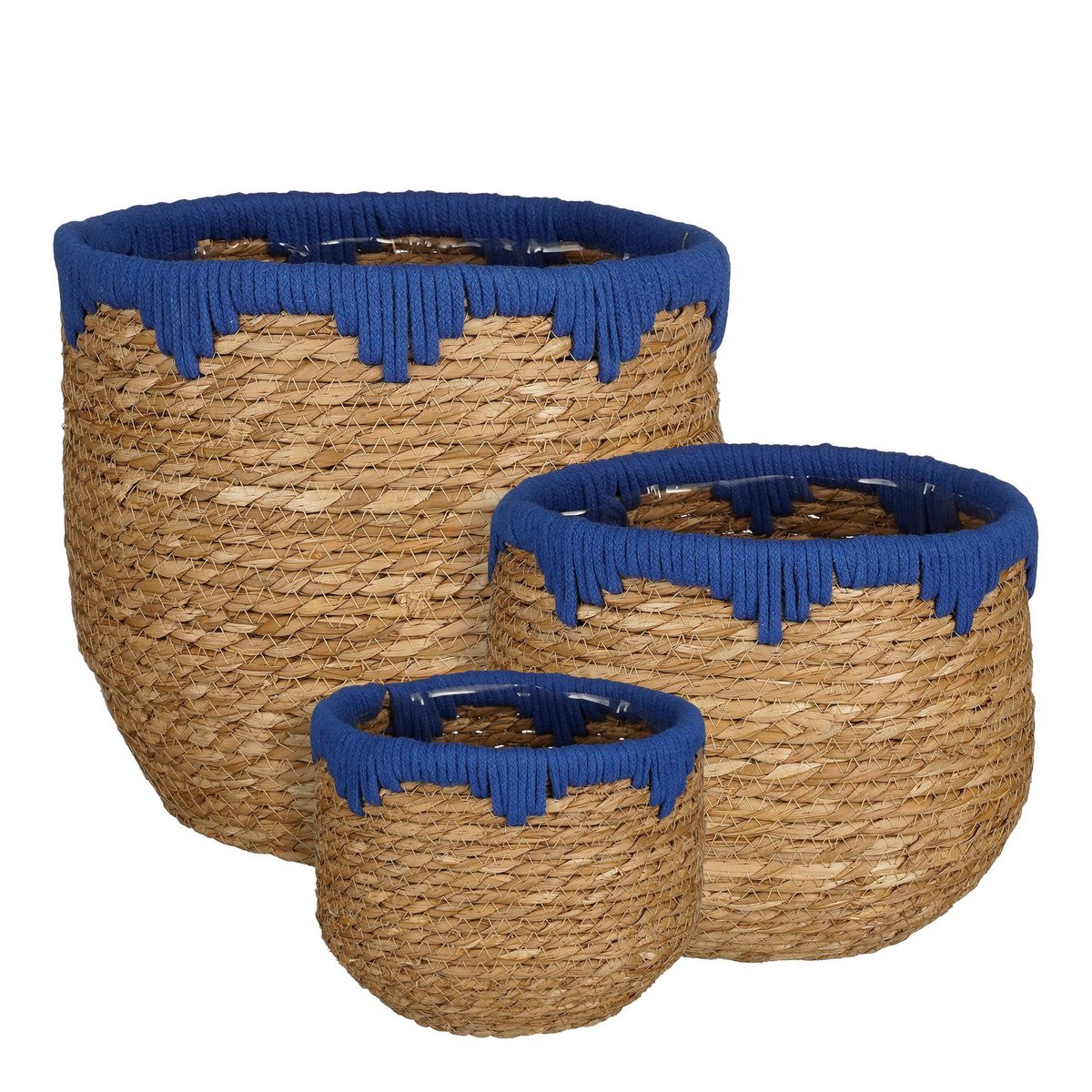 Mica Decorations - Panier à Plantes Jorck - Lot de 3 - H24 x Ø26 cm - Jonc de Mer - Bleu, Marron