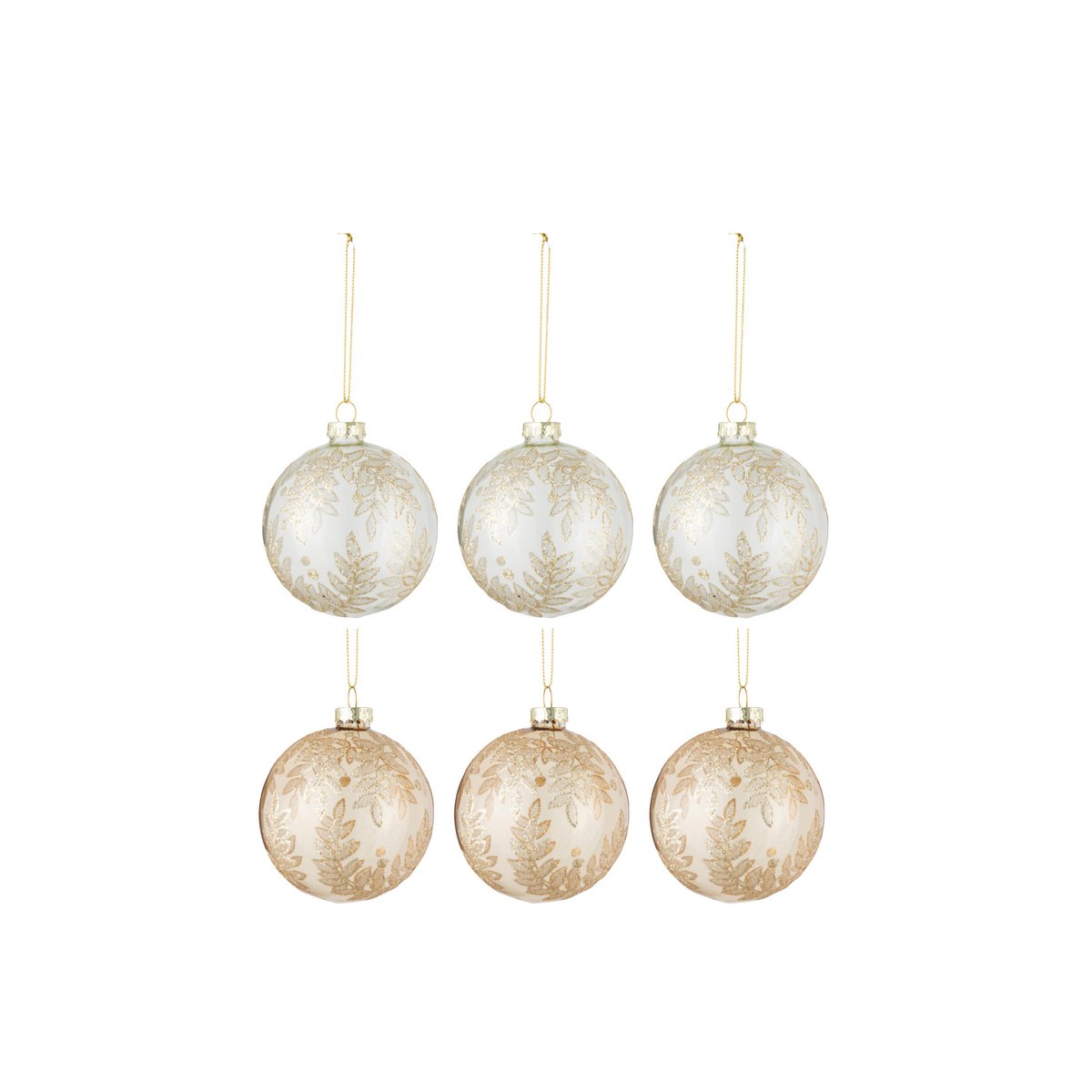 J-Line Doos Van 6 Kerstballen 3+3 Blaadjes Glas Transparant Beige/Goud Small