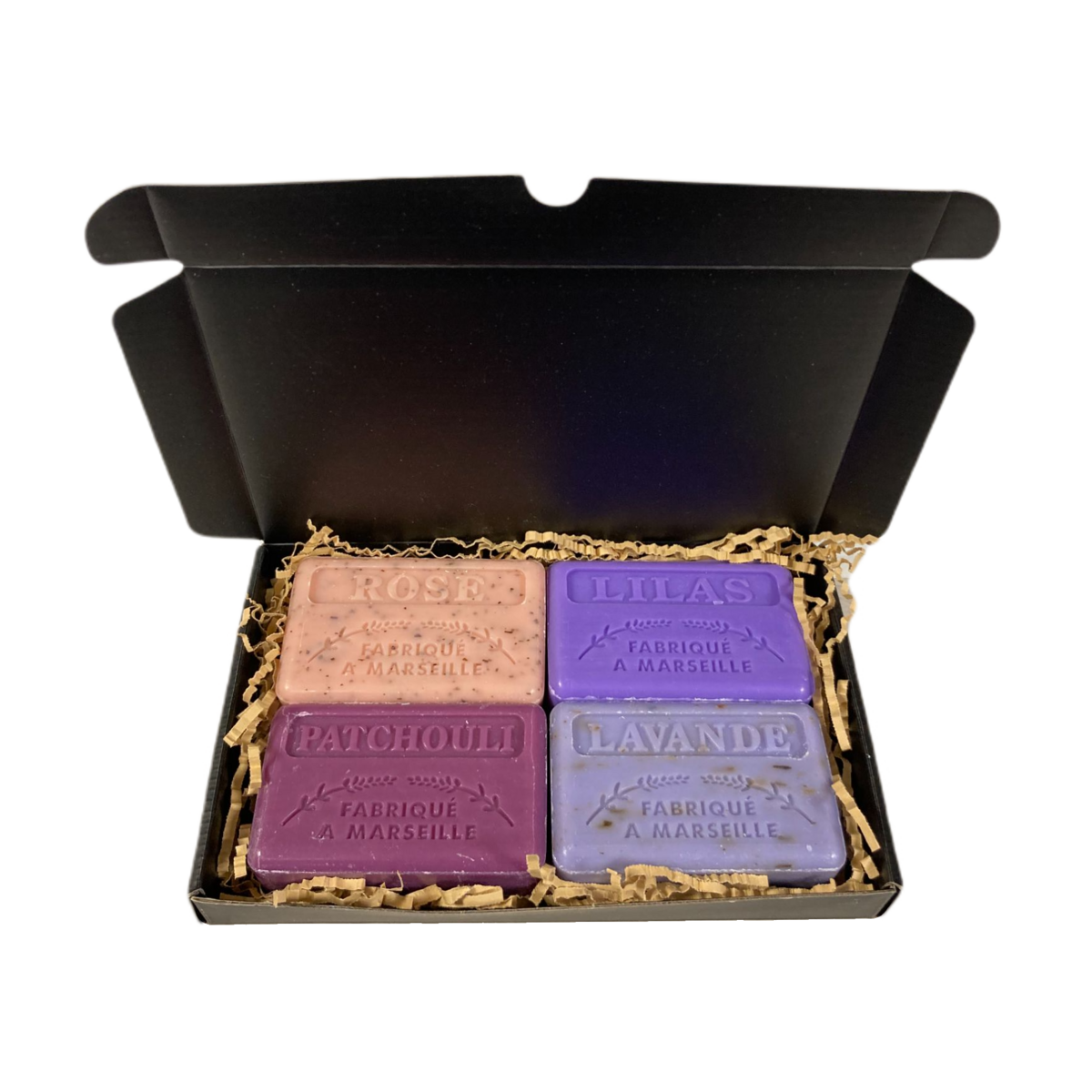 Boutique parfums de savon - Cadeau boîte aux lettres avec blocs de savon 'Lilas, Gommage Rose, Gommage Lavande, Patchouli'