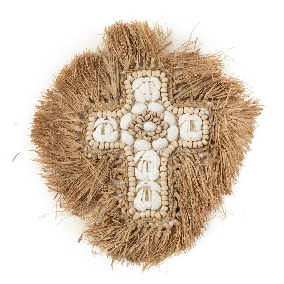 Bazar Bizar - Schelp 'Shell Cross' (Raffia, Naturel Wit, L)