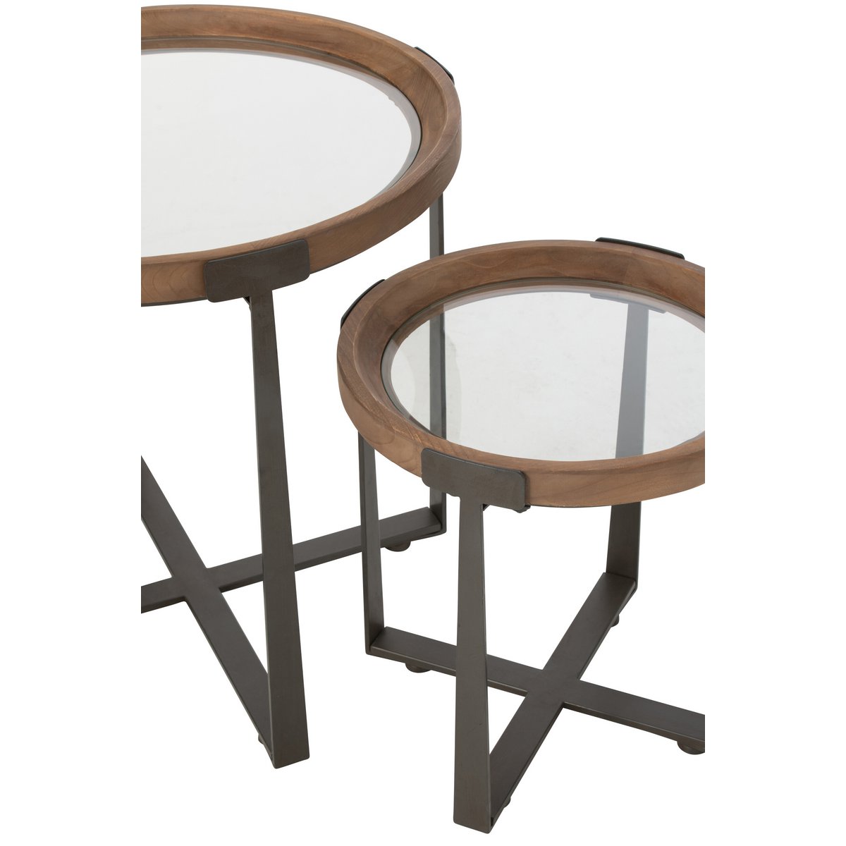 J-Line - Lot de 2 Tables Basses Mine Verre/Bois de Sapin Naturel/Noir