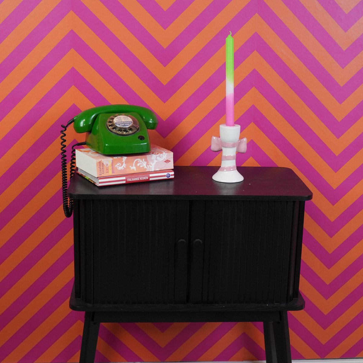 Housevitamin - Kandelaar - strepen met boog - wit/roze - 9x8x14cm