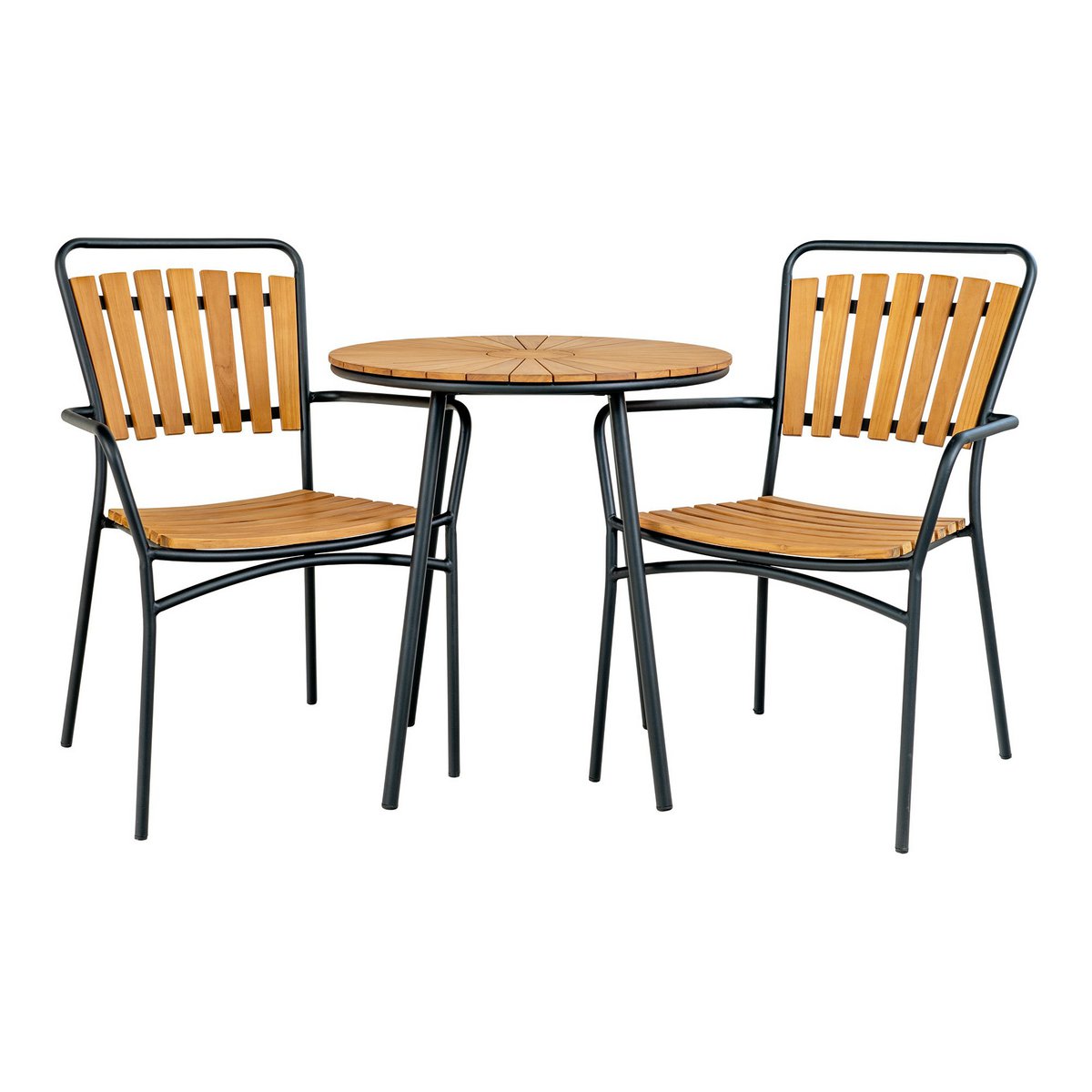 House Nordic - Cleveland Café Table - Cafétisch, Tischplatte aus Teakholz, natur, schwarze Beine, ø70x74 cm