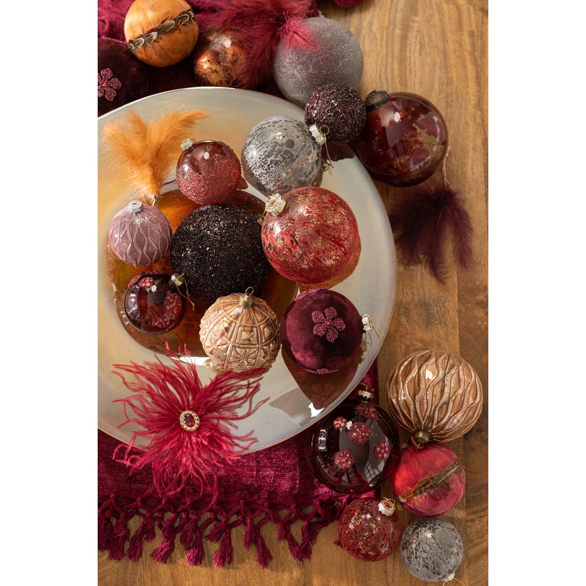 J-Line Doos Van 6 Kerstballen Fluweel Glas Antiek Bordeaux/Goud Small